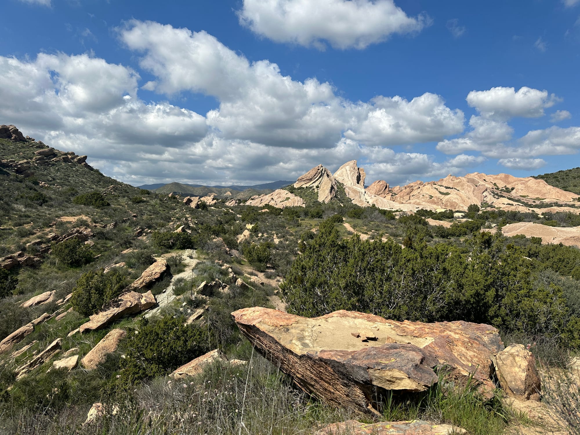 Vasquez Rocks Natural Area Park with unique rock formations, green shrubs, and a partly cloudy sky.