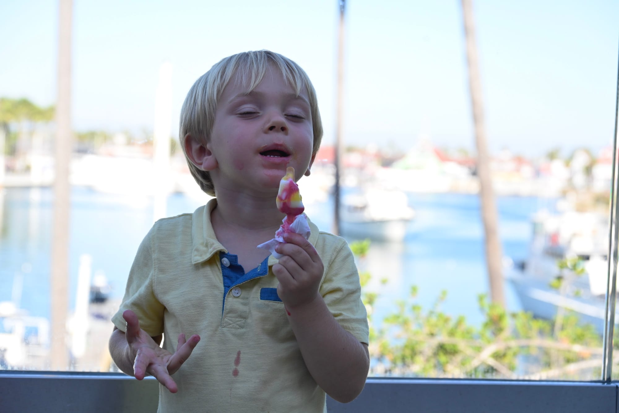 A toddler enjoying a colorful popsicle with a scenic harbor view at the Aquarium of the Pacific in Long Beach