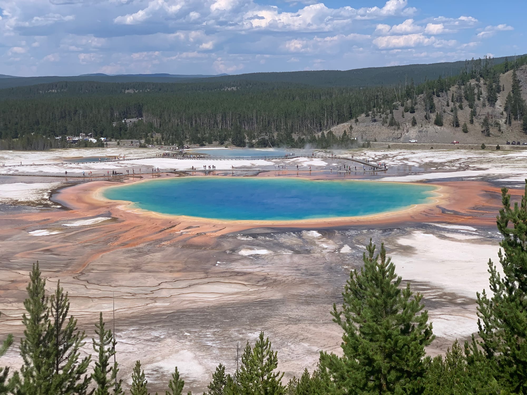 View of the Grand Prismatic Spring in Yellowstone National Park, showcasing vibrant blue, green, yellow, and orange colors.