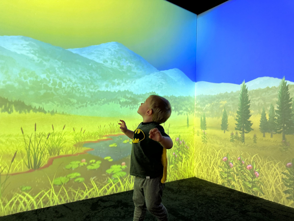 Young child in Batman shirt exploring an interactive meadow and mountain display at Cayton Children's Museum.